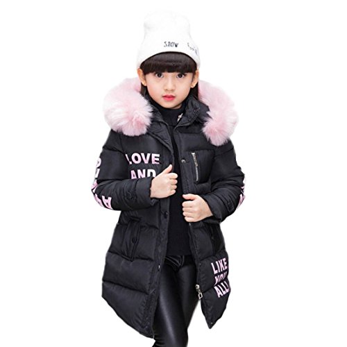 Abrigo para niña con capucha de pelo, largo, Akaufeng, chaqueta de invierno con capucha de pelos, capa exterior, chaqueta infantil, color negro, tamaño 160 cm Abrigo para niña con capucha de pelo, largo, Akaufeng, chaqueta de invierno con capucha de pelos, capa exterior, chaqueta infantil, color negro, tamaño 160 cm
