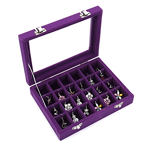 Caja organizadora Ivosmart con 24 secciones de terciopelo y tapa de vidrio para guardar joyas, con exhibidor de anillos o bandeja para aretes., 24 Section (Purple)