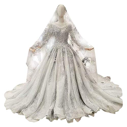 Elegant Dress con Cuello en V Nupcial de la Boda de Gasa de Tul de Lentejuelas de Manga Larga Vestido de Boda del Partido del Banquete para la Novia, 4, US Size Elegant Dress con Cuello en V Nupcial de la Boda de Gasa de Tul de Lentejuelas de Manga Larga Vestido de Boda del Partido del Banquete para la Novia, 4, US Size
