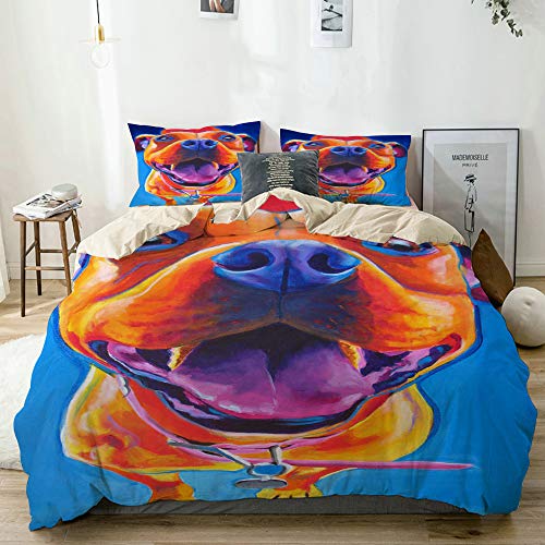 MAYBELOST Bedding Juego de Funda de Edredón,Beige,Animal Mascota Retrato Pintura Colorido Naranja Azul Pit Bull Pitbull American Terrier Rescate Perro,Microfibra NO LLENAR,(Cama 140x200 + Almohada)