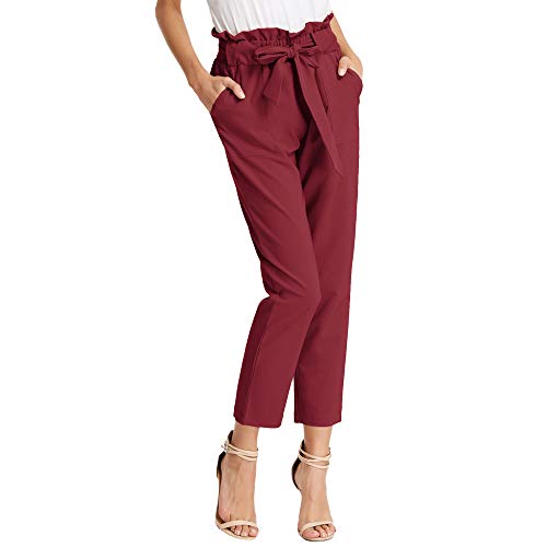 Elegantes Pantalones de Cintura Alta para Mujer con Cinturón Elástico Ligero para Primavera Verano Burdeos 2XL Claf1011-9