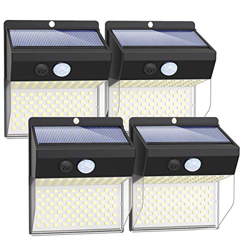 Litogo Luz Solar Exterior 172 LED【4 Pack / 3 Modos】con Sensor de Movimiento, Luces LED Solares Exteriores 270º lluminación Focos Solares Exterior Impermeable Aplique Lampara Solar para Exterior Jardin