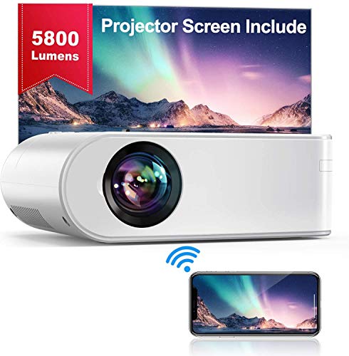 Proyector WiFi, YABER Mini Proyector Portátil 5800 Lúmenes 1080P Full HD[Pantalla de Proyector Incluida],Cine en Casa 200" Duplicar Pantalla para Android/iPhone Smartphone iPad,HDMI/USB/VGA/AV/SD