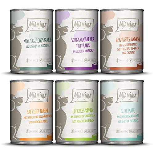 MjAMjAM - Pienso acuoso para Perros - Mix Pack II 1* Pollo & Pato, 1* Ternera, 1* Pavo y arroz, 1* Ternera con calabacín, 1* Pavo y Zanahorias, 1* Cordero 6 x 400 g