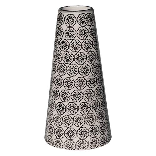 Tranquillo Jarrón de cerámica esmaltada Birte en Blanco/Negro con Motivos Florales. 7x14cm