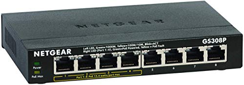 Netgear GS308P Switch Gigabit 8 Puertos 10/100/100, 4 Puertos PoE de 55W, Switch ethernet, Montaje de sobremesa, Caja de Metal sin Ventilador