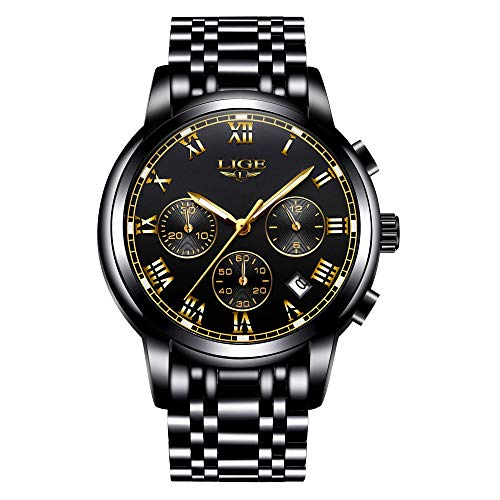 Relojes Hombre Acero Inoxidable Impermeable Deportes analógico de Cuarzo Hombres Reloj LIGE Negocios Cronógrafo Calendario Negro Relojes Hombre