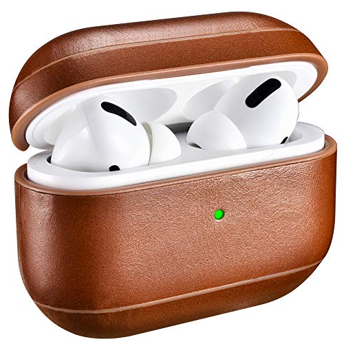 AirPods Pro Funda Case, ICARER Piel Genuina Cuero Luxury Vintage Series Portátil Ultra Delgado Protección Cover Funda Carcasa para Apple AirPods Pro AirPods 3 (LED Visible) [Carga inalámbrica]-Marrón