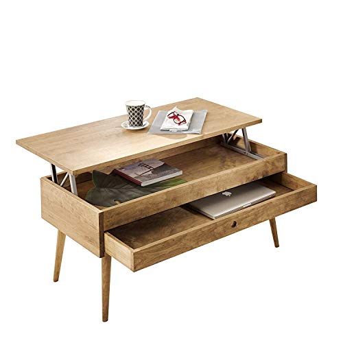 Hogar24-Mesa de centro elevable con cajón deslizante diseño vintage, madera maciza natural. 100cm x 50cm x 47cm