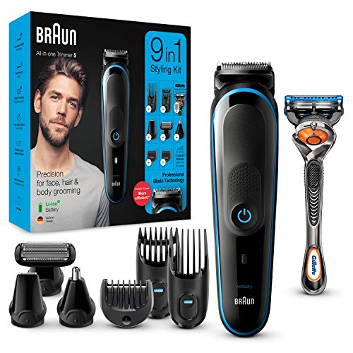 Braun MGK5280 9 en 1 - Máquina recortadora de barba, set de depilación corporal y cortapelos para hombre, color negro/azul