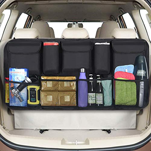 URAQT Organizador Maletero Coche, Bolsas para Maletero del Coche de Malla para Coche con 9 Bolsillos, Correa Ajustable y 3 Cinta de Fijación, Adecuado para SUV, MVP