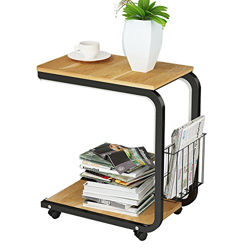 DlandHome Mesa Auxiliar En Forma de U con Ruedas Cesta, Portátil para Sofá Salón Mesa de Centro Soporte para Ordenador para Lectura/Desayuno, Roble