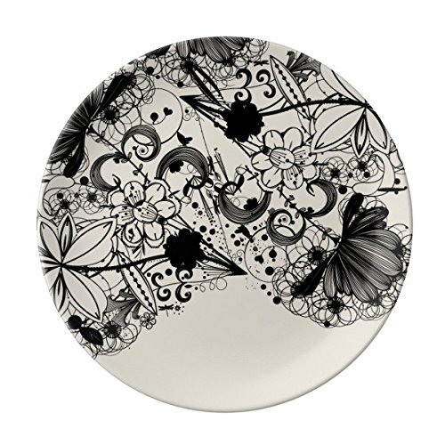 Flor Plantas Negro Blanco Arte Grain Silueta Decorativa Porcelana Plato de Postre 8 pulgadas Vajilla Regalo Hogar