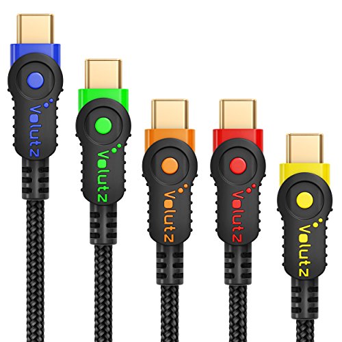 Volutz Cable USB Tipo C Carga rápida (5 Cables) Trenzados con Nylon y chapados en Oro (3m, 2m, 2x1m, 0.3m) por Samsung Galaxy S8/S9/S10, Nexus 5X, Nintendo Switch y más - Equilibrium Series +