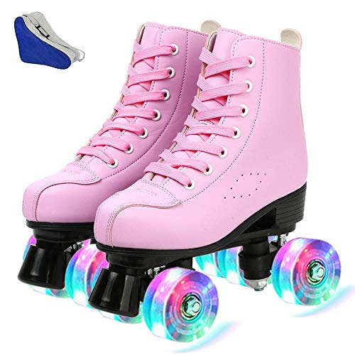 AYES - Patines de ruedas de piel sintética de alta calidad para interiores y exteriores, 4 ruedas, patinaje de piel, patines brillantes para mujeres, hombres, muchacho y niña, color rosa