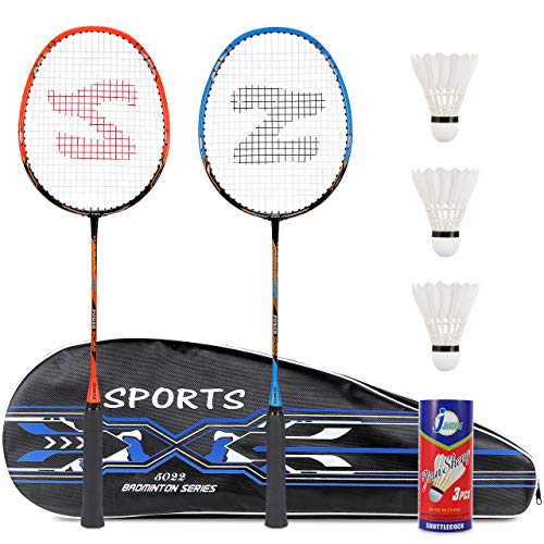 Fostoy Juego de Raquetas de Bádminton, Paquete de 2 Raquetas de Bádminton con 3 Volantes y Bolsa de Transporte y 2 Sobregrips, Raqueta de Bádminton de Fibra de Carbono Ligera para Juegos de Deportes