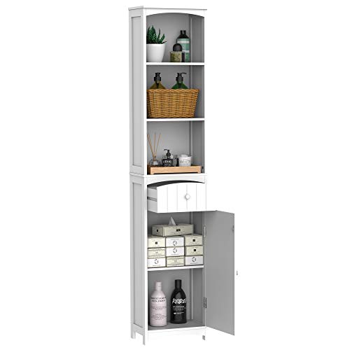 HOMCOM Mueble Armario Multiusos Blanco para Cuarto de Baño con Estanterías 34x24x170cm 3 Estantes 1 Puerta y 1 Cajón HOMCOM Mueble Armario Multiusos Blanco para Cuarto de Baño con Estanterías 34x24x170cm 3 Estantes 1 Puerta y 1 Cajón