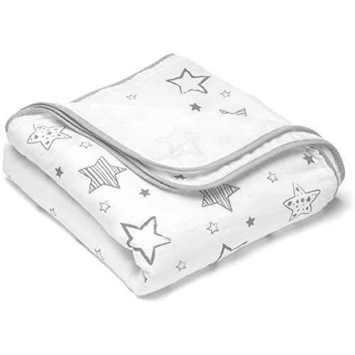 Manta para bebé estrellas - 120x120 cm, 100% algodón / Mantita suave minicuna - cochecito / Arrullo recien nacido, cambiador, manta envolvente de muselina - Blanca Gris