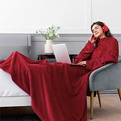 Bedsure Batamanta Polar Mujer Sofa - Manta con Mangas y Bolsillo Hombre para Pies de TV, Blanket Hoodie Suave y Acogedor,Burdeos,170x200cm