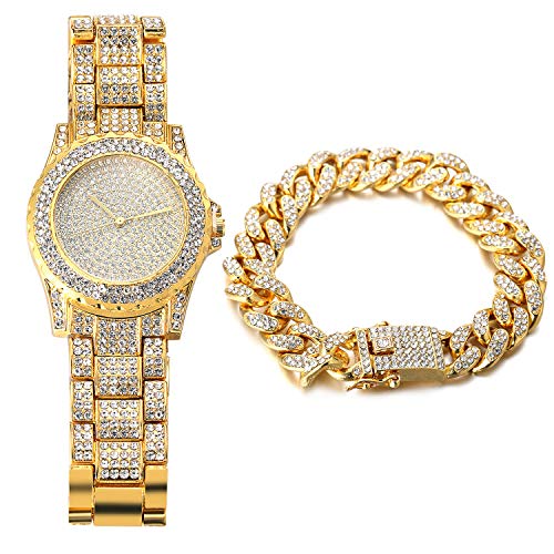 Halukakah Reloj de Oro Hombres Iced out,Chapado en Oro Real de 18k Pulsera de Cuarzo 8.7"(22cm),con Pulsera Cubana 8"(20cm),Cz Completo Diamante de Laboratorios,Gratis Caja de Regalo