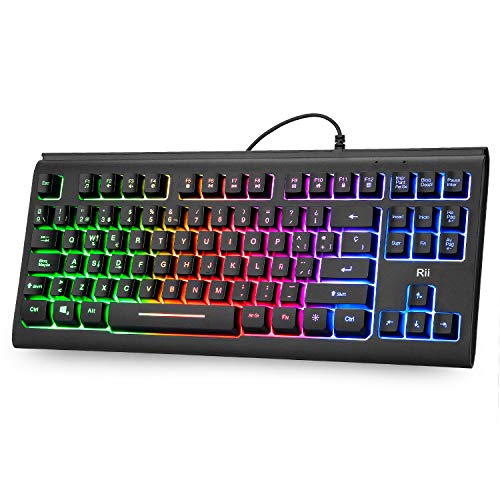 Teclado USB Rii RK104, 88 teclas, teclado ergonómico y retro iluminado multicolor, antighostling. Ideal para Gsming y trabajo. Color negro. Layout Español. Teclado USB Rii RK104, 88 teclas, teclado ergonómico y retro iluminado multicolor, antighostling. Ideal para Gsming y trabajo. Color negro. Layout Español.