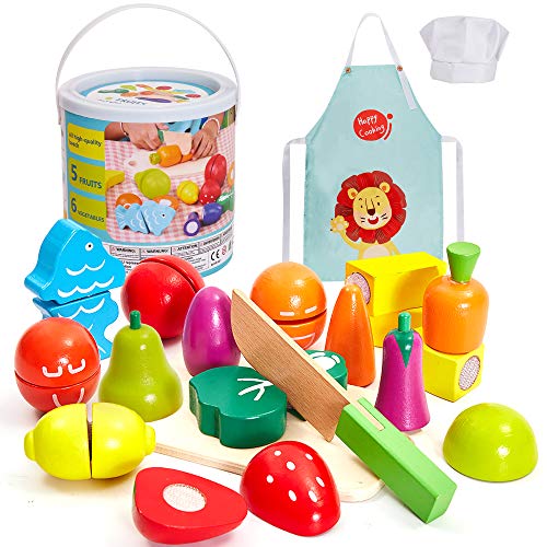 HERSITY Juguetes de Corte de Madera Frutas y Verduras Juego de Alimentos con Delantal y Gorro de Cocinero para Niños Niñas HERSITY Juguetes de Corte de Madera Frutas y Verduras Juego de Alimentos con Delantal y Gorro de Cocinero para Niños Niñas