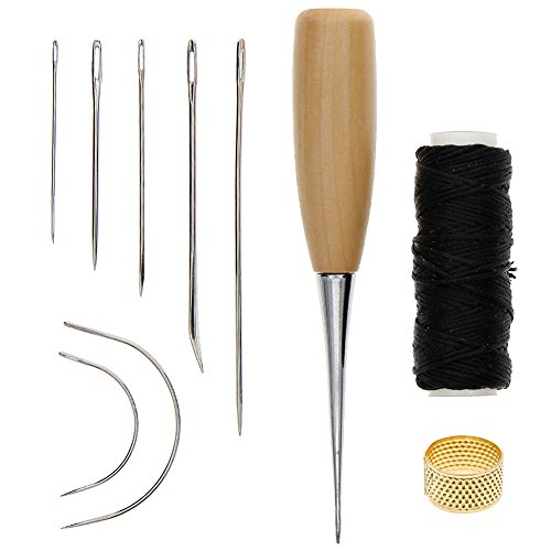 Juanya 7 piezas agujas de coser a mano cuero con piel hilo encerado perforación punzón y dedal para tapicería alfombra reparación de piel