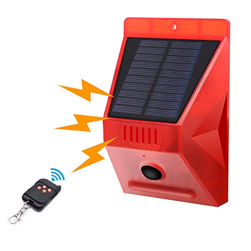 Luz estroboscópica solar con detector de movimiento, Achort luz de alarma solar con mando a distancia, 129 db de sonido, sirena de seguridad, IP65 impermeable, para casa, granja, granero, villa