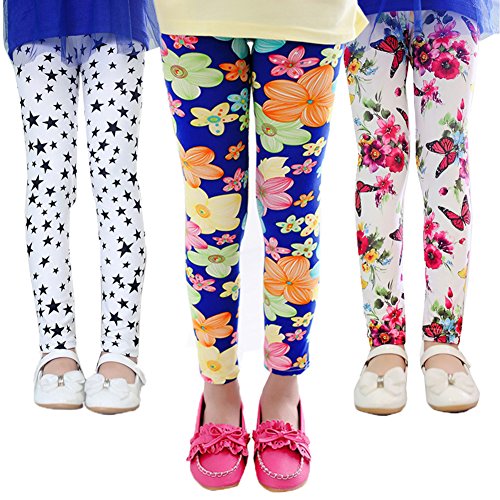 Z-Chen 3 Pares de Pantalones Leggings para Niñas Chicas Estampado de Flores, 12-13 Años