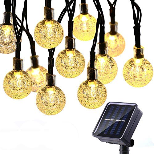 NEXVIN Guirnalda Luces Exterior Solar, Luces Navidad Blanco Calido con 50 LED Bola Cristal, IP65 Impermeable 8 Modos Cadena de Luces LED para Decoración, Exterior, Jardín, Árbol, Patio, Boda, Fiesta