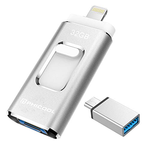 Unidad Memoria Flash USB 3.0 32 GB Memoria Lápiz Drive OTG PHICOOL [4 en 1] con Type C Conector USB Mirco Expansión de Memoria para iPhone, iPad, Android, PC - Plata