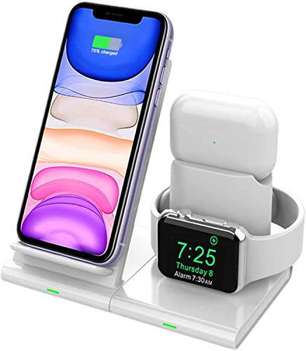 Hoidokly Cargador Inalámbrico, 3 en 1 Soporte de Carga para iPhone y Apple Watch, Base de Carga Rápida para iWatch 2/3/4/5, AirPods Pro, iPhone 12/12 Pro/11 Pro/XS/X/SE (No Cable de Carga del iWatch)