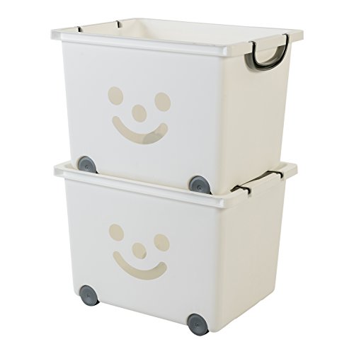 Iris Ohyama, lote de 2 cajas grandes de almacenamiento de juguete sobre ruedas - Smiley Kids Boxes - KCB-43, blanco/plata, 34 L, 43,5 x 32,5 x 31,5 cm
