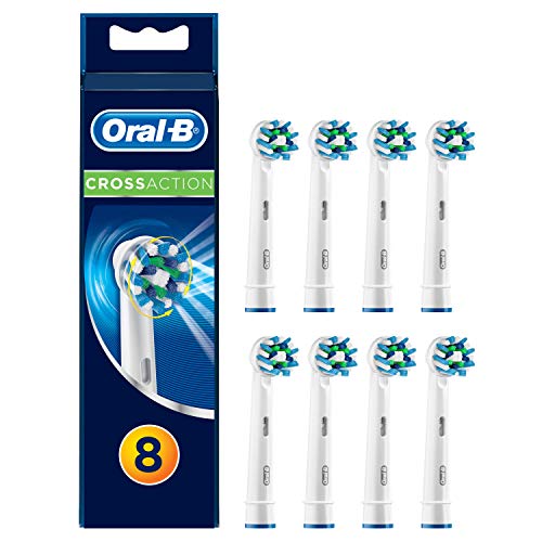 Oral-B Crossaction - Cabezal de Recambio, Set de 8 Recambios para Cepillo Eléctrico Recargable, Cabezal Redondeado con Diseño de Inspiración Profesional para Limpiar Diente Por Diente, Blanco