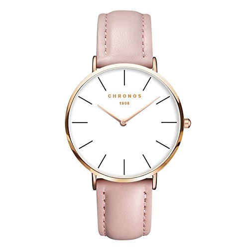 Relojes Mujer Ultradelgado Cuero Clásico, Rosa-Oro Rosa