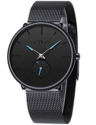 CIVO Reloj Negro Ultra Fino para Hombre Minimalista Moda Relojes de Pulsera para Hombres Vestir Casual Impermeable Reloj de Cuarzo para Hombre con Banda Negro de Acero Inoxidable (1 Negro)