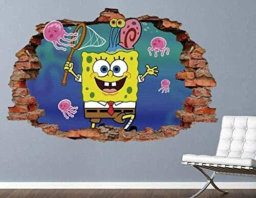 3D Pegatinas de pared Adhesivo de pared Adhesivo de pared Bob Esponja Pantalones de pared divertidos Calcomanía de pared Niños Rompidos 3D Pegatina Arte Vinilo