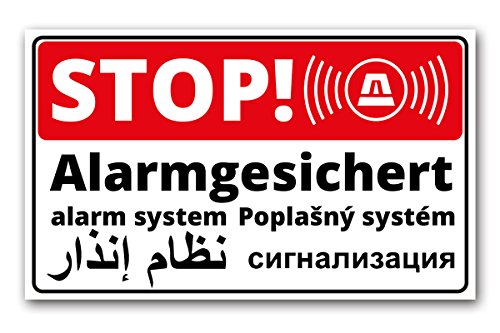 Cartel de Stop protegido por alarma - 5 idiomas | Inglés | Árabe | Checo | Ruso | Alemán 25 x 15 cm