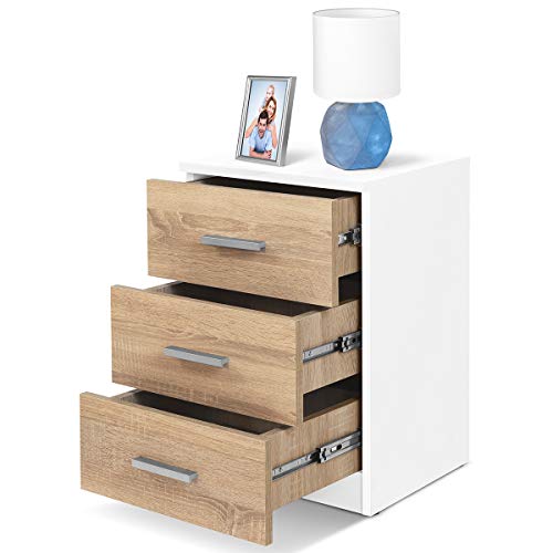 COMIFORT Mesa de Noche - Mesita Auxiliar para el Dormitorio de Estilo Nórdico, Moderna y Minimalista, con 3 Espaciosos Cajones, Muy Resistente, de Color Blanco y Roble COMIFORT Mesa de Noche - Mesita Auxiliar para el Dormitorio de Estilo Nórdico, Moderna y Minimalista, con 3 Espaciosos Cajones, Muy Resistente, de Color Blanco y Roble