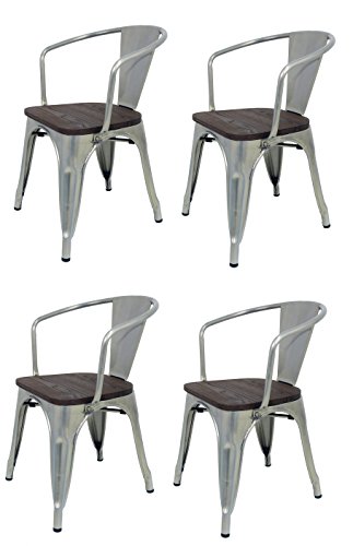 La Silla Española - Pack 4 Sillas estilo Tolix con respaldo, reposabrazos y asiento acabado en madera. Color Industrial. Medidas 73x53,5x52