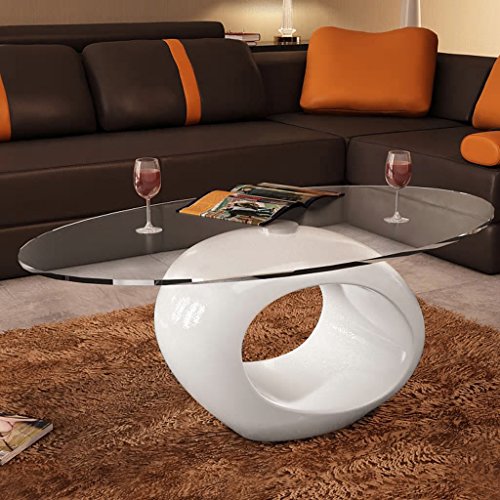 Tidyard Multifuncional Mesa de Centro Mesa de Cristal Mesita de Noche Mesa de Café de Vidrio para Estar o Dormitorio Diseño de Modernidad Vidrio de Seguridad Ovalada 115x65x40cm Blanco Brillante