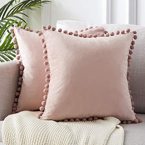Fayeille Fundas de almohada decorativas con pompones de partículas suaves, cuadradas, fundas de cojín de lujo para sofá, dormitorio, coche, 45,7 x 45,7 cm, rosa claro