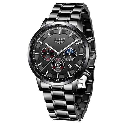 LIGE Relojes para Hombre Moda Acero Inoxidable Deportivo Analógico Reloj Cronógrafo Impermeable Negocios Reloj de Pulsera (Black Silver)