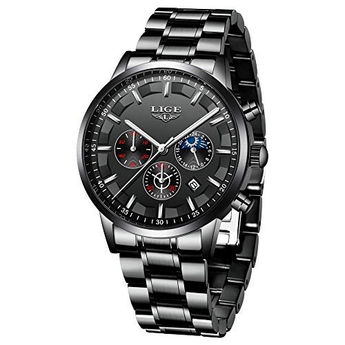 LIGE Relojes para Hombre Moda Acero Inoxidable Deportivo Analógico Reloj Cronógrafo Impermeable Negocios Reloj de Pulsera (Black Silver) LIGE Relojes para Hombre Moda Acero Inoxidable Deportivo Analógico Reloj Cronógrafo Impermeable Negocios Reloj de Pulsera (Black Silver)