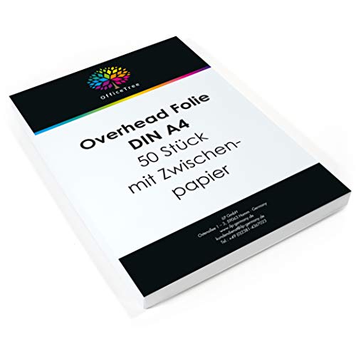 OfficeTree® 50 hojas de transparencia de alta calidad - DIN A4 transparentes - Para impresora láser, copiadora o retroproyector - Para la mejor calidad de impresión y proyección