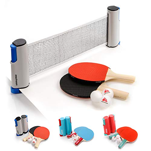 Set Ping Pong 1 Red 2 Raquetas 2 Pelotas Neto para Tenis de Mesa Longitud Ajustable hasta 170 cm Portátil Accesorio para Entrenamiento y Actividades al Aire Libre y Deportes (Basic, Rojo/Negro)