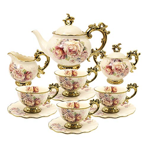 fanquare 15 Piezas Juegos de Té de Porcelana Inglesa, Vintage Juego de Café de Flores Rosas, Servicio de Té de Boda