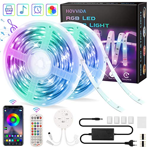 20M Tiras LED RGB 5050 Música, HOVVIDA Bluetooth Luces de Tiras LED 12V para Habitación, Controladas por APP, IR Control Remoto y Controlador, 16 Milliones de Colores, 28 Estilos, Modo de Horario