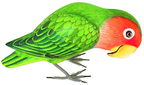 Alas valientes talladas a mano – El pájaro de color rosa o con cara de melocotón (Agapornis roseicollis) – Estatua de madera decorativa de la mesa única decoración del hogar – 7 verde