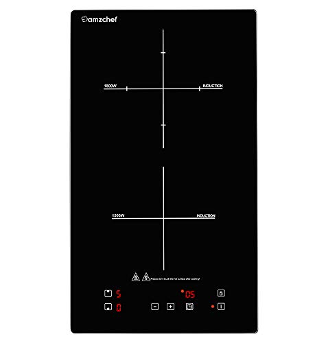 Domino placa inducción, Amzchef doble placa de inducción con superficie de cristal negro,control táctil del sensor y bloqueo para niños,10 niveles de potencia y configuración del temporizador 3300W